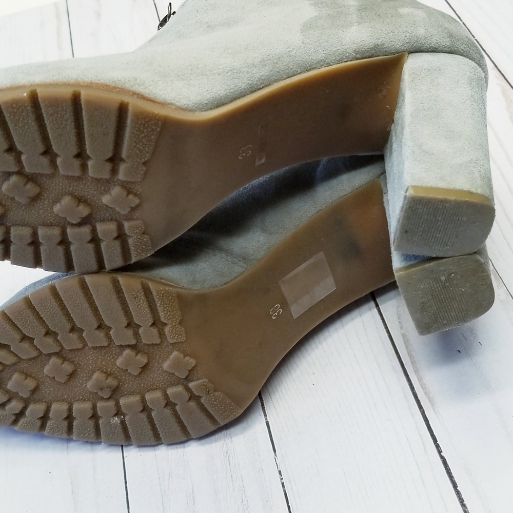 Gray Suede Stacked Heel Ankle Booties - Picture 4 of 7